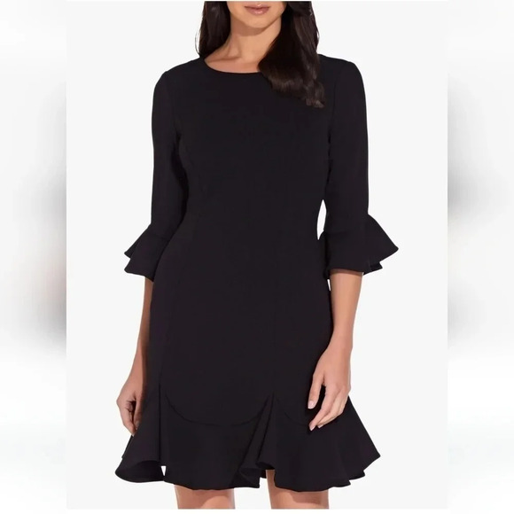 Adrianna Papell Dresses & Skirts - Adrianna Papell Knit Crepe Ruffled Shift Dress Black size 4 Office Flirty